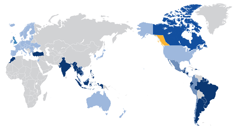 B.C. 및 캐나다 자유무역협정 지도 표시