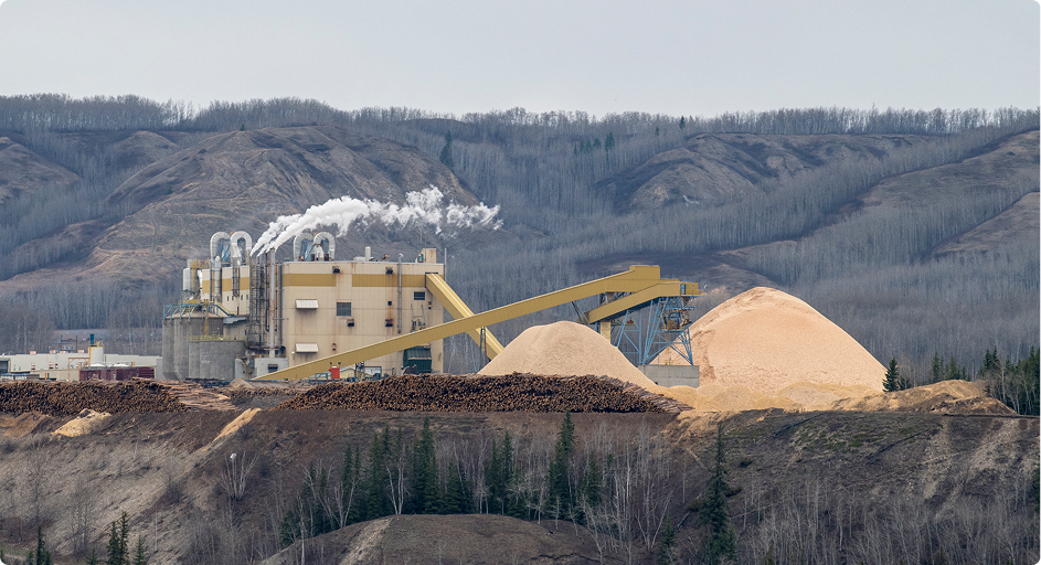 Industrial facility with smokestacks in British Columbia, Canada, set before hills; large piles of sawdust and logs indicate active forestry operations.
