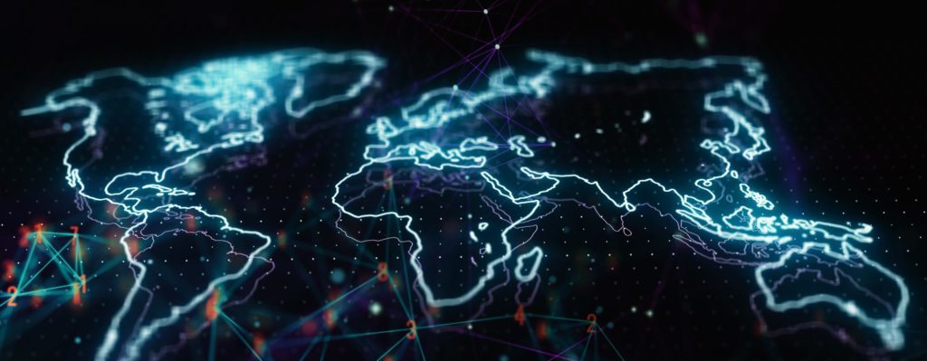 추상적인 빅데이터를 배경으로 한 홀로그래픽 세계 지도 그림. 미래 기술 개념