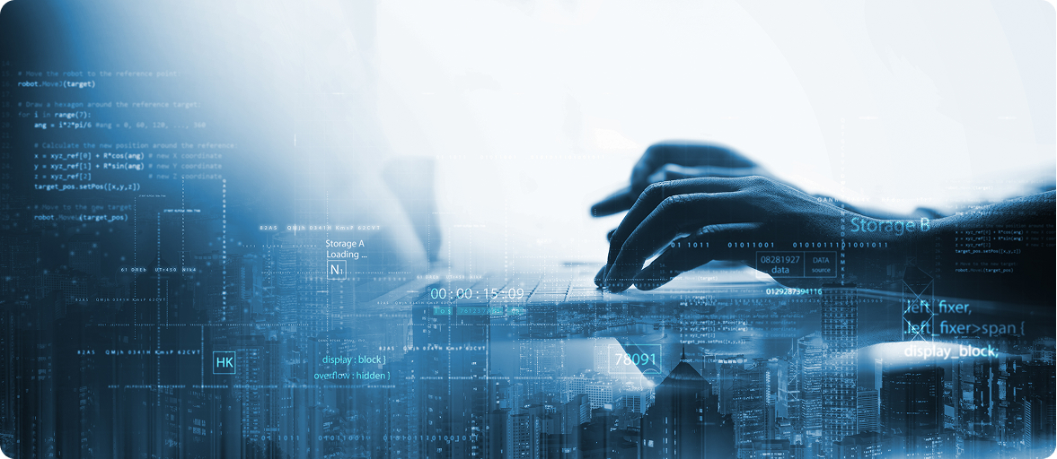 해당 이미지는 디지털 요소와 도시 풍경을 배경으로 노트북 키보드를 사용 중인 손을 근접 촬영한 모습입니다.